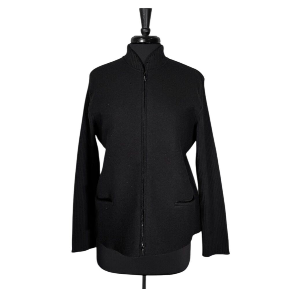 Eileen Fisher Womens L Black Wool Zip Jacket Career Work Office Minimalist